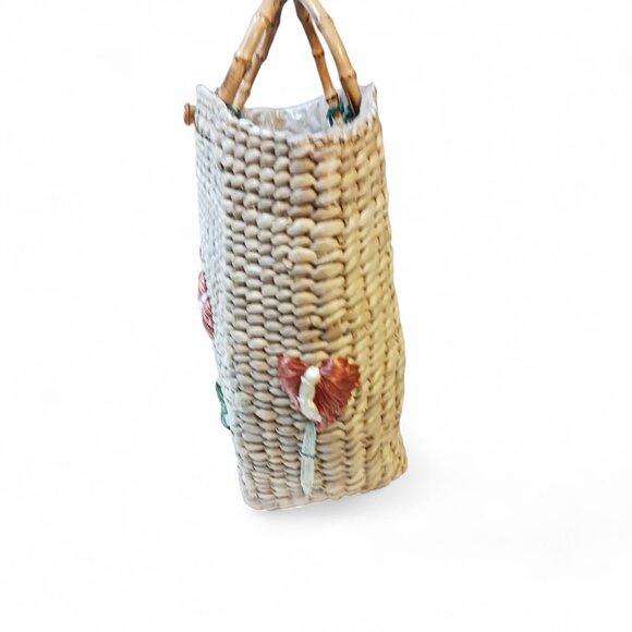 Vintage Hawaii Woven Straw Tote Bag w/ Bamboo Handles, Lined - Picture 8 of 14